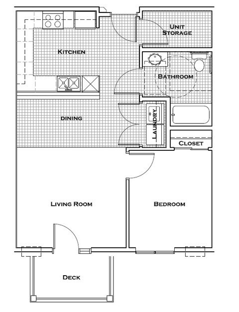Floor plan for 1 bed, 1 bath, 737 sqft